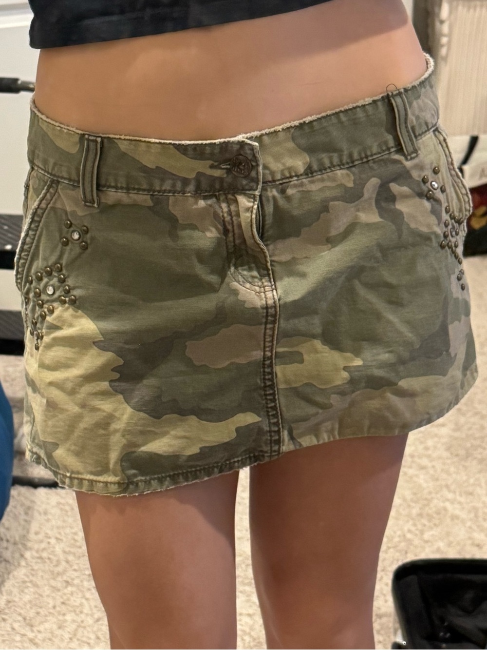 Camo Mini Skirt with Stud Accent - Olive Green